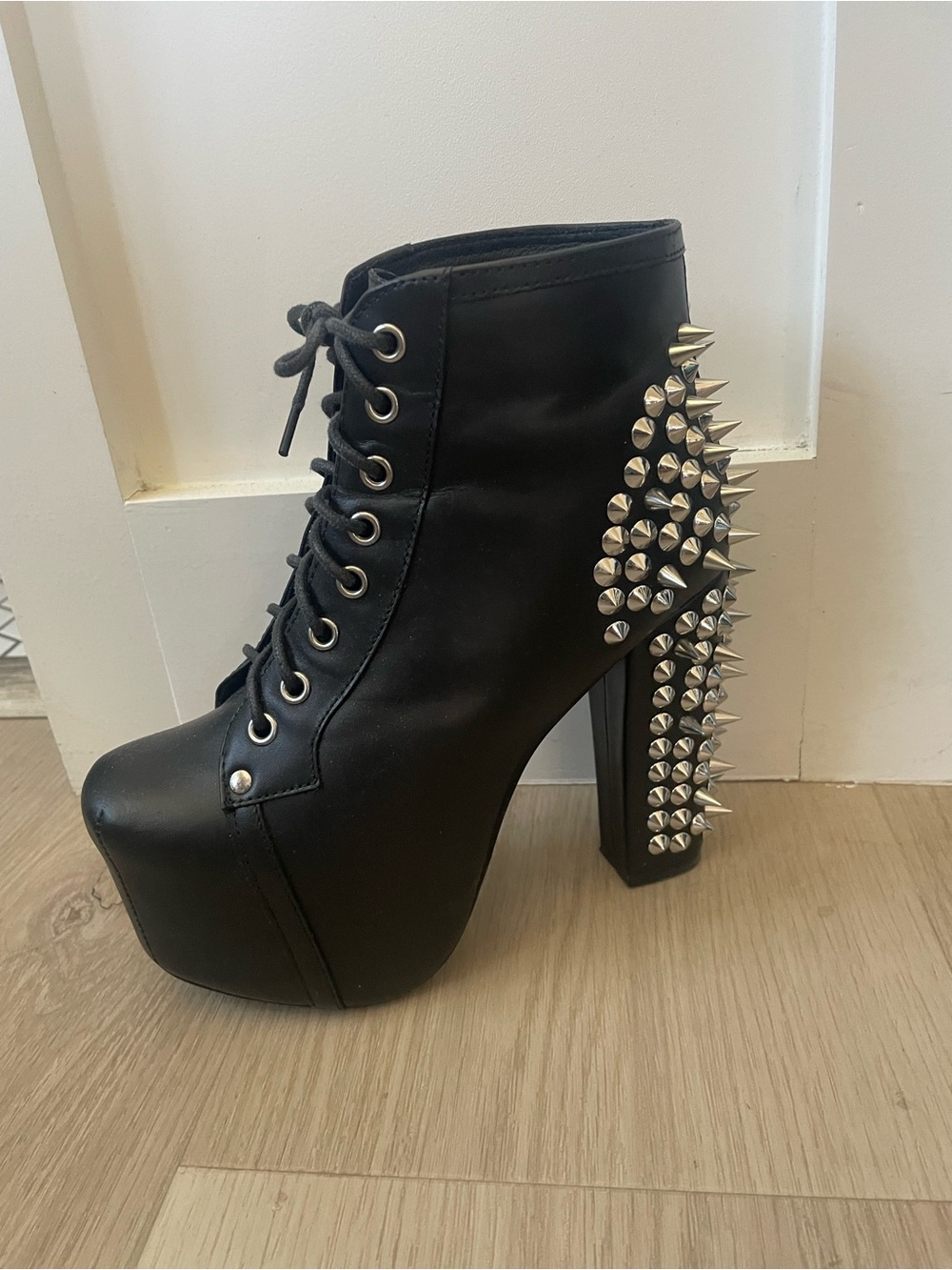 Jeffrey Campbell Black Spike-Studded Platform Lace-Up Ankle Boots Goth Grunge